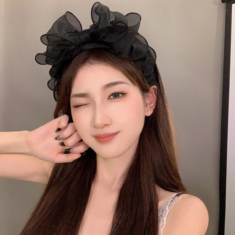 Women Originality Ruffled Edge Stylist Accessories Hair Hoop Fashion Korea Retro Black Mesh Big Bow Headband Hair Accessories