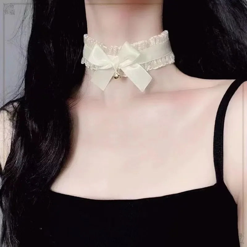 Women Sexy Lace Bowknot Choker Lolita Accessories Fashion Bell Charms Necklace Costumes Cosplay Cute Jewelry Girl Friend Gifts