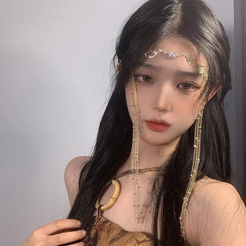 Luxury Jewelry Hair Accessories For Women Waterdrop Flower Tassel Forehead Chain Sexy Red Gemstone Hair Pendant Elegant Hairpin