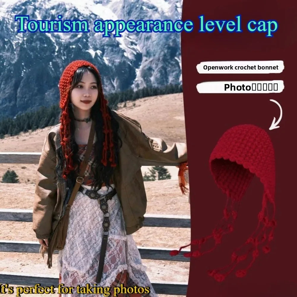 Winter Travel Red Hollow Knit Beanie Fashion Hat with Tassel Tie for Women Cold Weather Accessory
