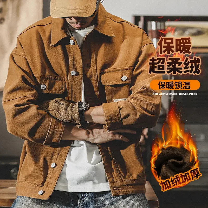 High end work jacket, men's spring and autumn trendy brand, loose American retro lapel jacket, casual and handsome denim jacket