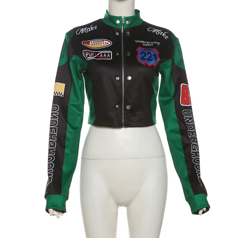 Women Fashion Hipster Pu Leather Jacket Y2K Letter Printed Hipster Motorcycle Jackets Spring Autumn Single-Breasted Casual Coat