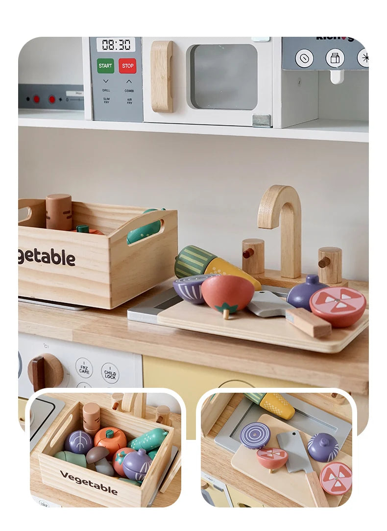 Wooden Pretend Play Kitchen Toys Cutting Food Accessories Set Fruit Vegetable Bakery Meat fish Early Educational Cognition Toys