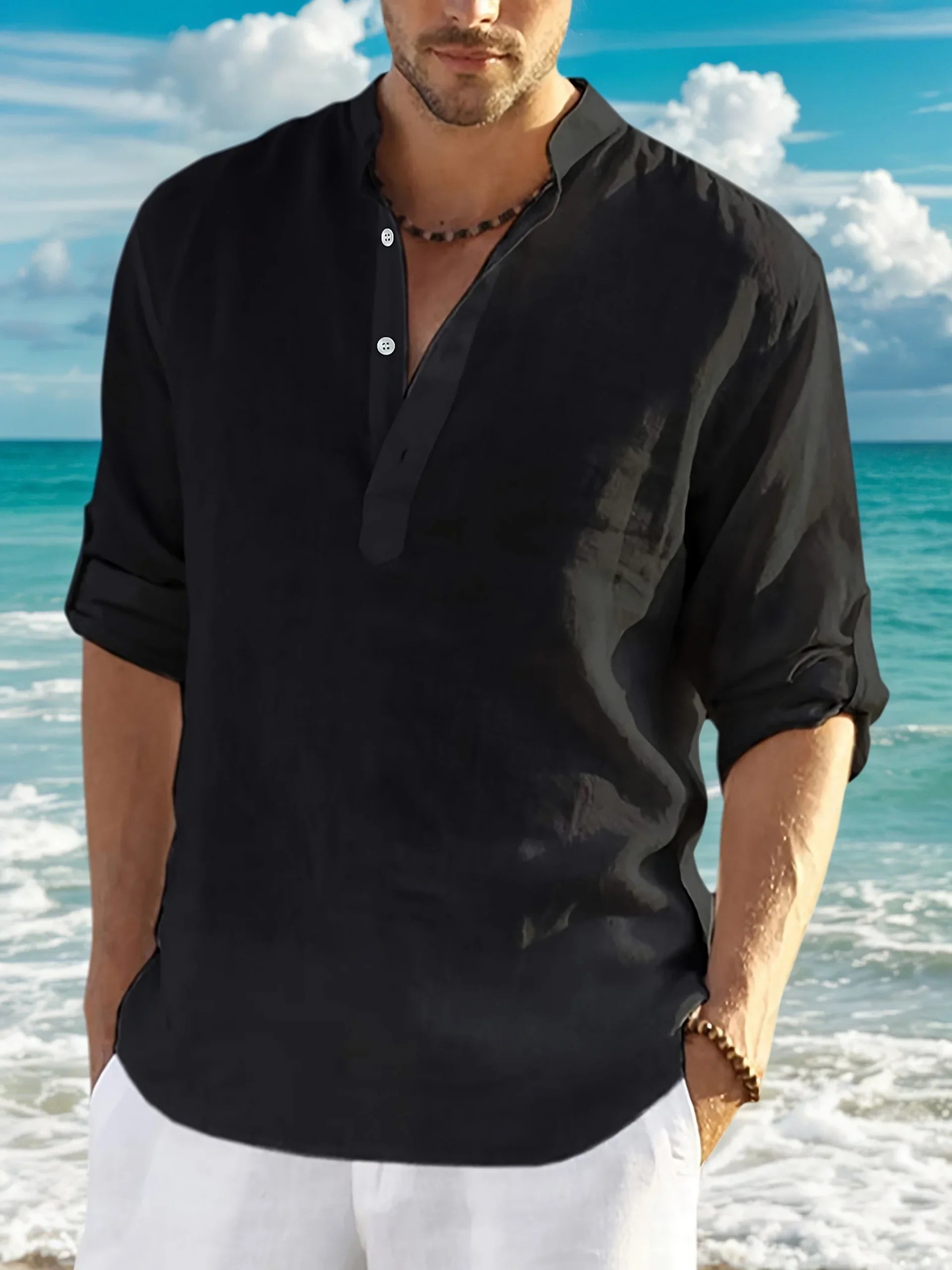 Men'sshirt Classic Casual Stand-up Collar Long-sleeved V-neck Shirt Sleeve Split-sleeved Light Breathable Beach Vacation T-shirt