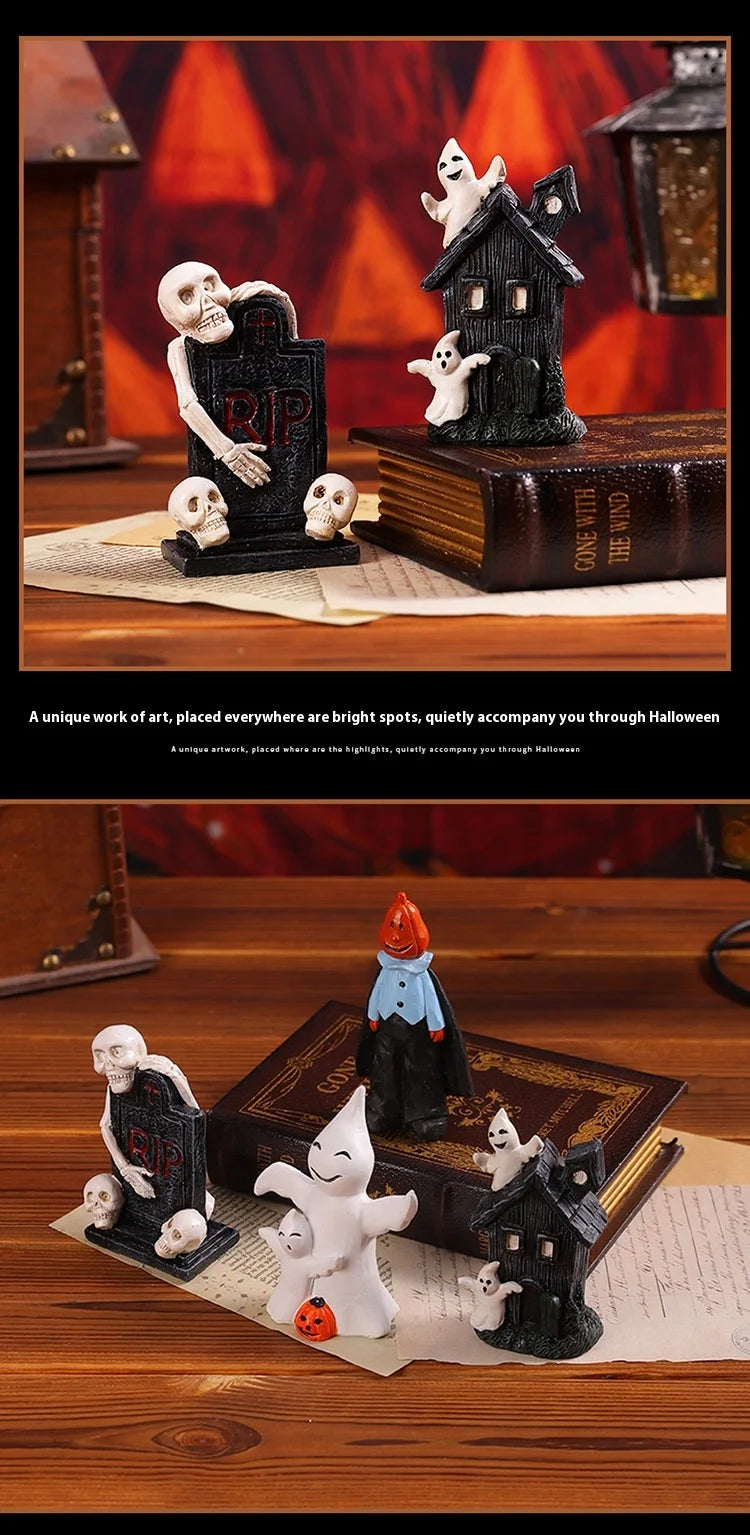 Halloween Party Pumpkin Haunted House Decorations Resin Props Ornaments Desktop Atmosphere Creative Mini Haunted House Ornaments