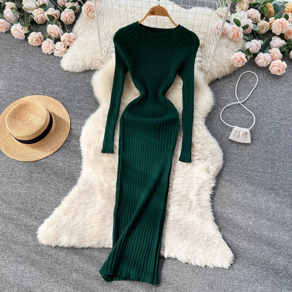 Women Knitted Dress O Neck Sexy Slim Elastic Oversized Basic Bodycon Long Dress Winter knit Warm Sweater Dresses
