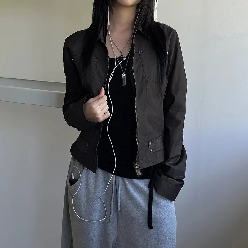 Women Jacket Pocketd Long Sleeve dCasual Zipper Coats Slim Fit Turn Down Collar Solid Outwear Elegant Lady Autumn