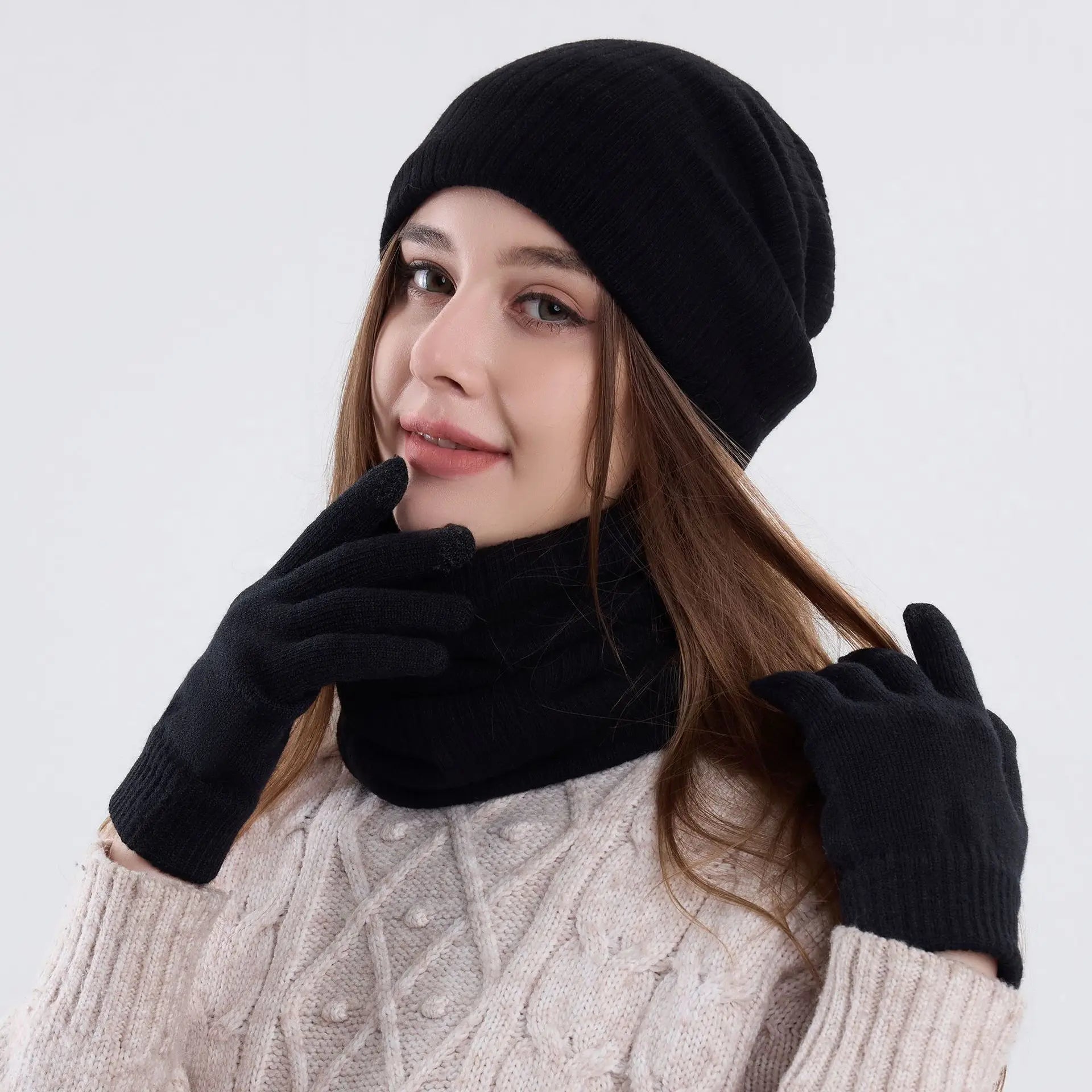 Winter hat, scarf, gloves, three piece set, men's and women's outdoor cold resistant scarf, ear protection, knitted hat