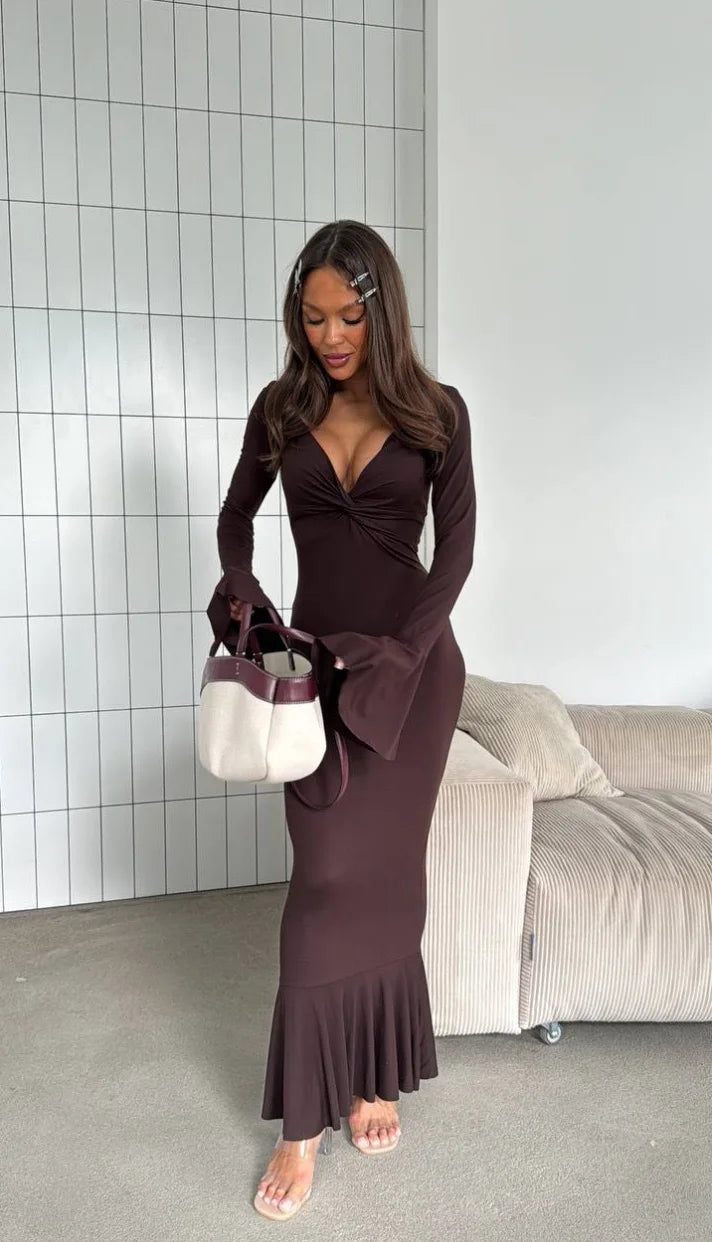 2025 Autumn and Winter New Women's Long Dresses Fashion Sexy V-neck Ruffle Sleeve Long Sleeve Skirts