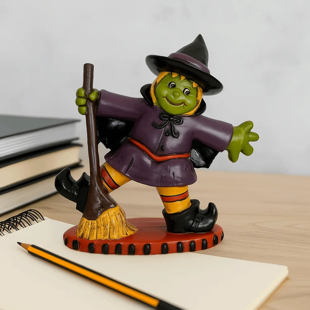 Halloween Themed Halloween Witch Figurine Resin Handicraft Desk Witch Sculpture Collectible Model Halloween Broom Witch Ornament