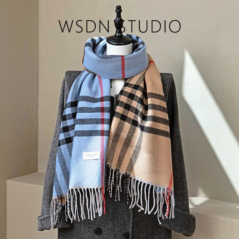 Autumn and Winter New Arrival Tassel Long Scarf Striped Fashion Cowl Neck Warm Fuzzy Color Block Wrap