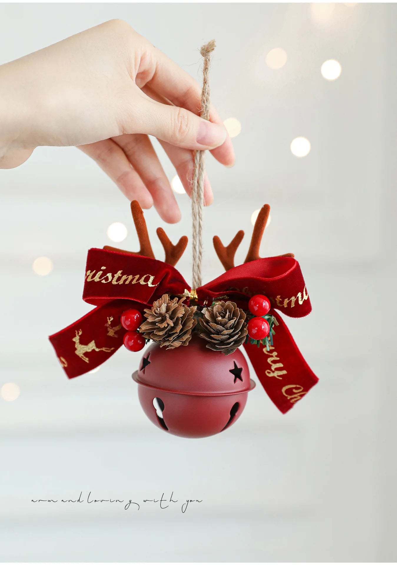 Christmas Hanging Decor Set, Assorted Deer Antler Bell Bow Pinecone Ornaments for Xmas Tree Home Car Gift