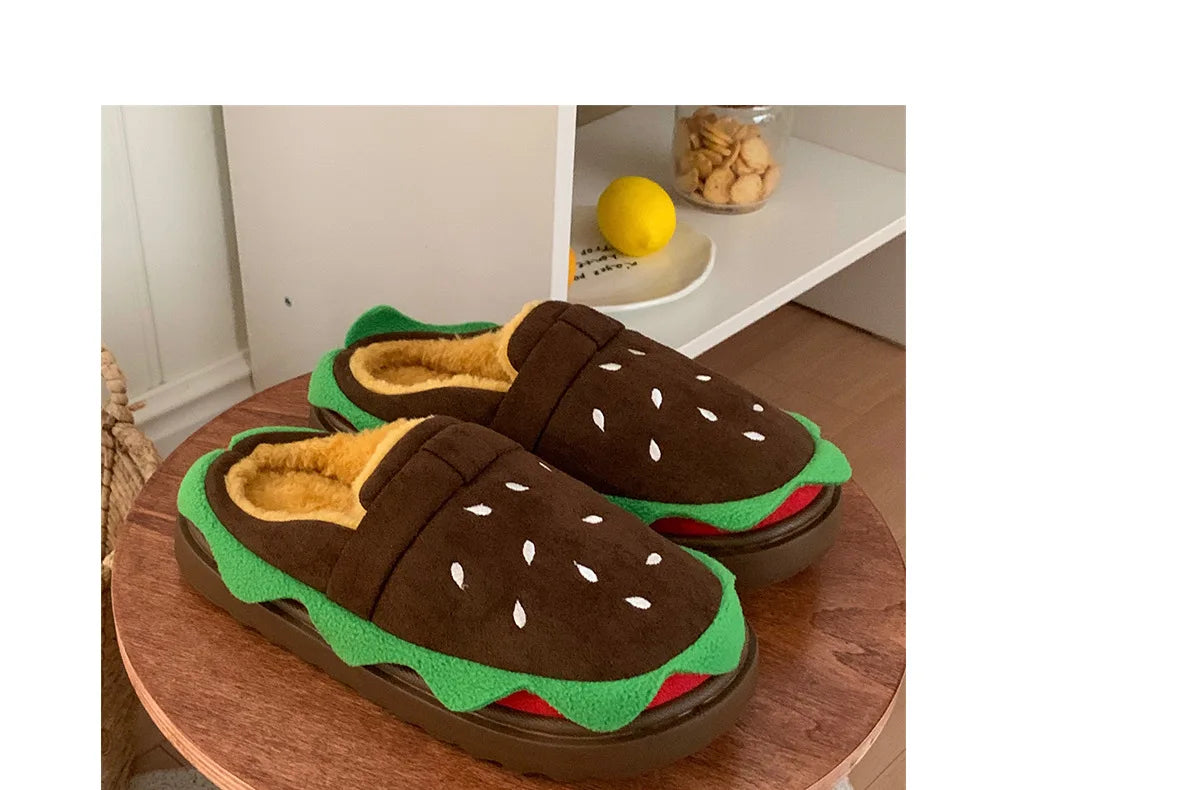 Women's Home Slippers Winter Warm Fuzzy Hamburger Slippers Funny Cute Indoor Rug Flat-Soled Home Shoes Plush Home Slippers