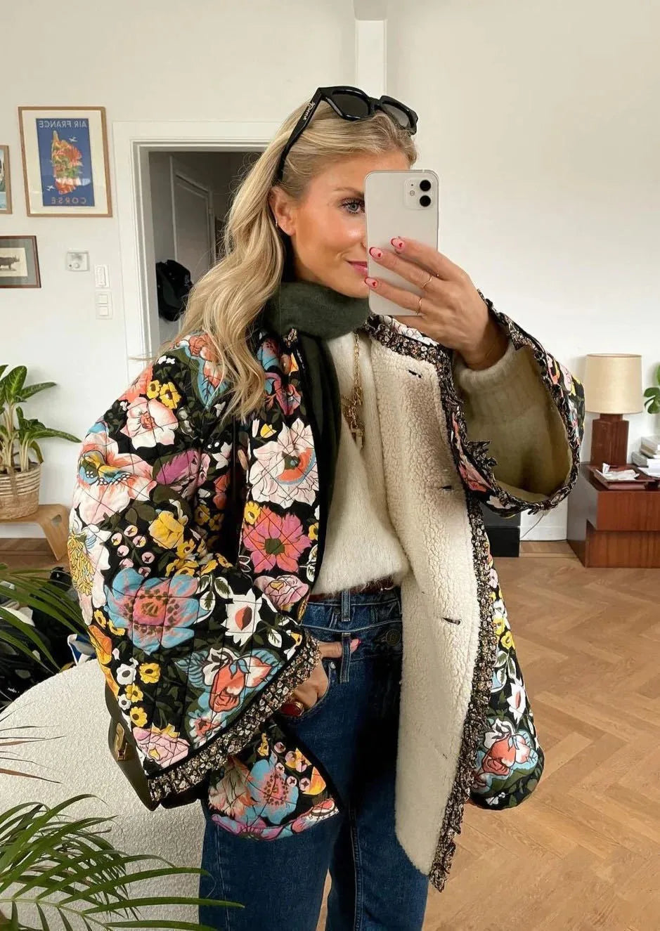 Printed Women's Jacket Autumn Quilted Double-sided Cotton Jacket Cardigan Long-sleeved Cashmere Jacket Elegant Women Streetwear