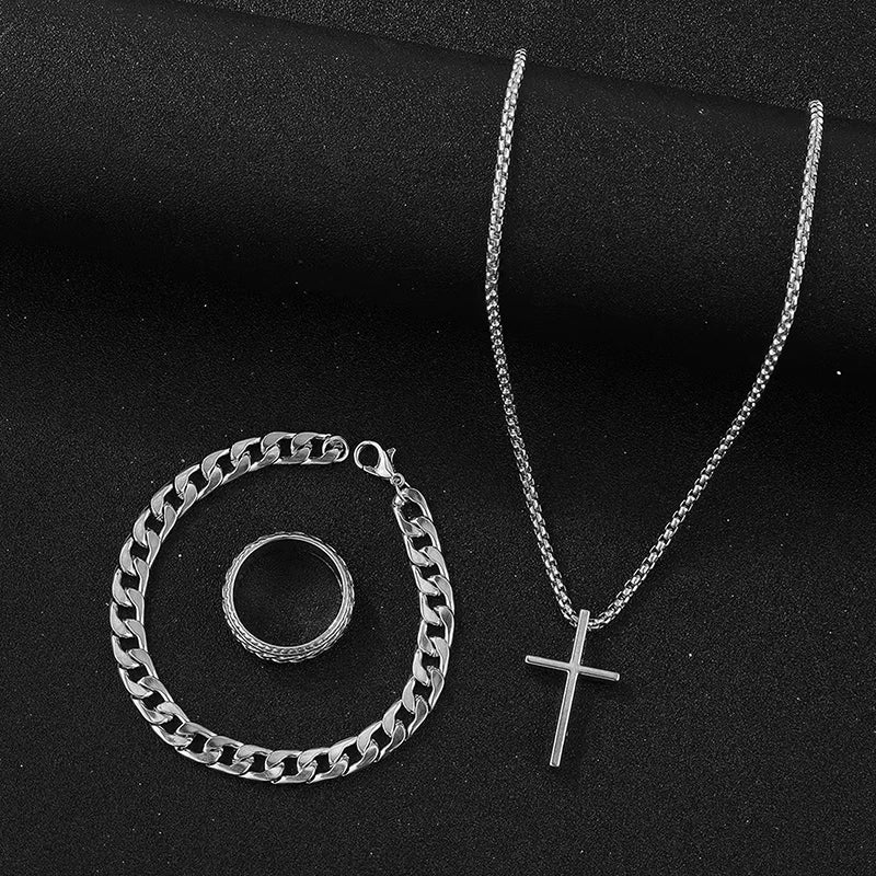 Men's Set Simple Personality Hip Hop Party Jewelry Accessories 3Pcs Punk Cross Pendant Necklace Bracelet Chain Ring