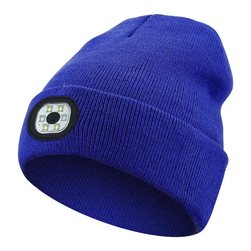Winter LED Warm Lighting Knitted Hat Men Women LED Headlight Hat Outdoor Sports Night Light-up Hat Stretch Beanie Fishing Hat