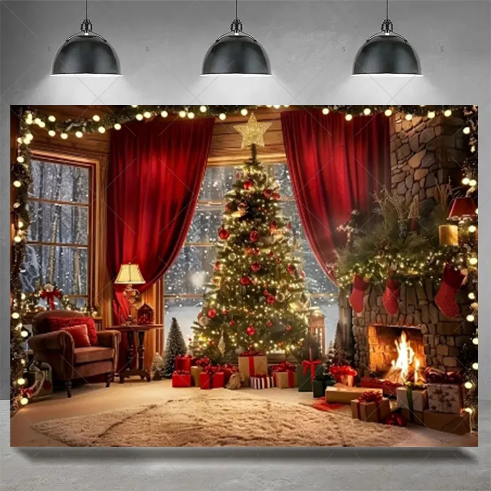 Christmas Party Decoration Winter Fireplace Xmas Tree Background Baby Shower Supplies Banner Photo Prop Backdrop Children Gift