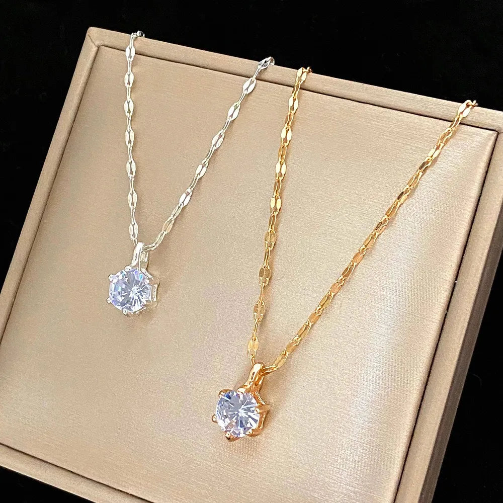 Classic Luxurious Six Claw Set Crystal Pendant Necklace Water Ripple Chain for Women Charm Design Jewellery Accessories Gifts