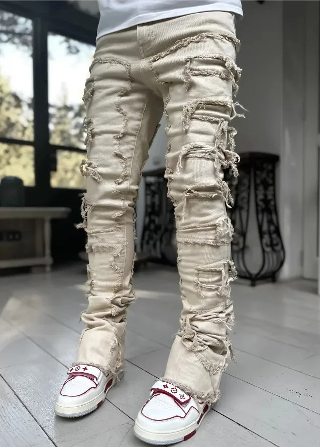 New Fashion Stretch Jeans Man Stacked Jeans Elastic Waist Straight Fit Patchworks Denim Long Pants Fringe Ripped Jeans For Men