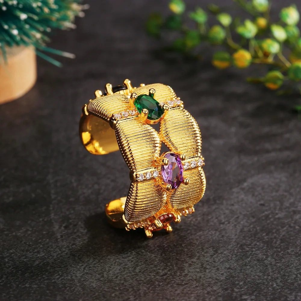 Popular Stainless Steel Rainbow Gemstones Wide Open Bracelet Bangle/Band Ring Knitted Handmade Luxury AU750 Women Jewellery Set