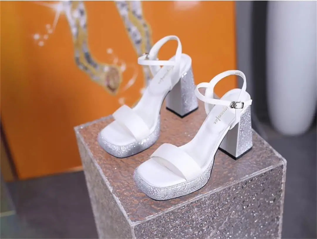 Shoes for Women 2025 Fashion New Summer Sexy Rhinestone Ladies High Heels Peep Toe Square Toe Thick with Women's Sandals