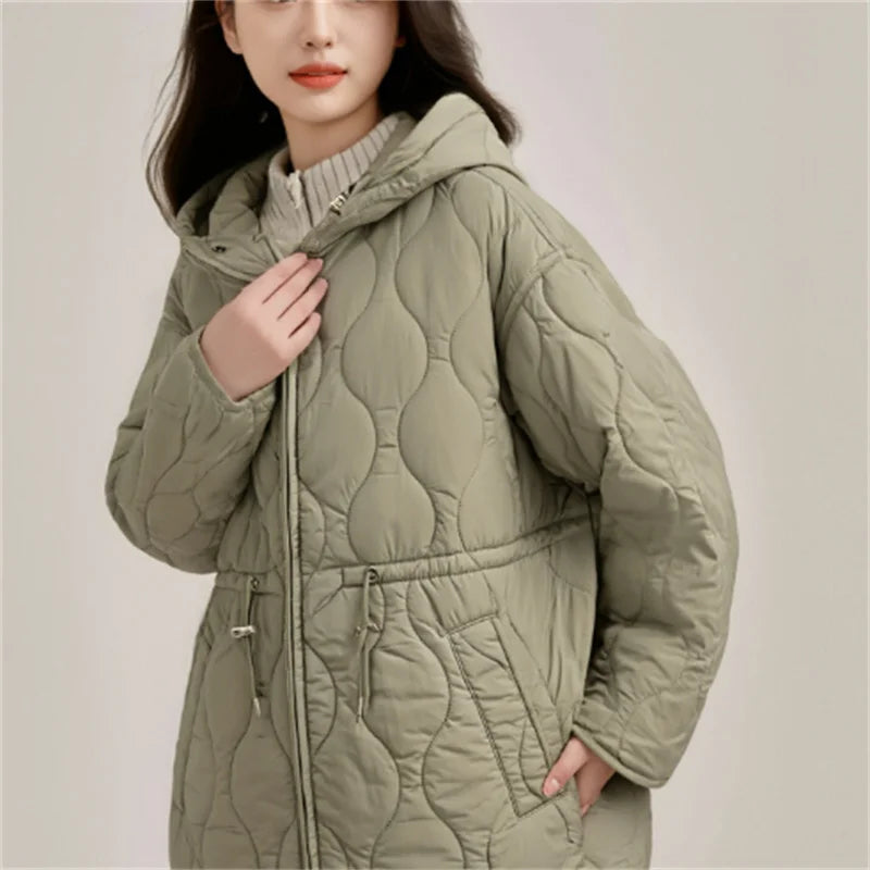Women's Hooded Belted Quilted Jacket, Warm, Cool, Stylish, Fall, 2025