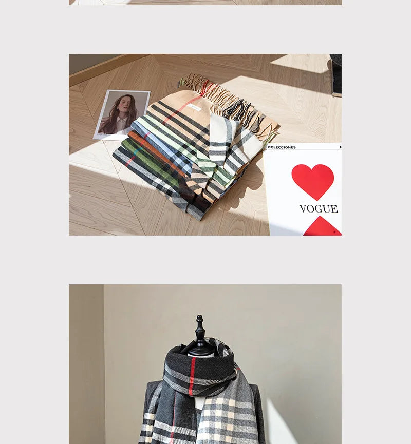 Autumn and Winter New Arrival Tassel Long Scarf Striped Fashion Cowl Neck Warm Fuzzy Color Block Wrap