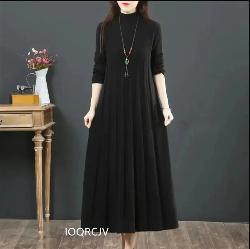 Autumn Winter New Cashmere Knitted Dress Women Half High Collar Sweater Dress Female Loose Pullover Mujer Vestidos