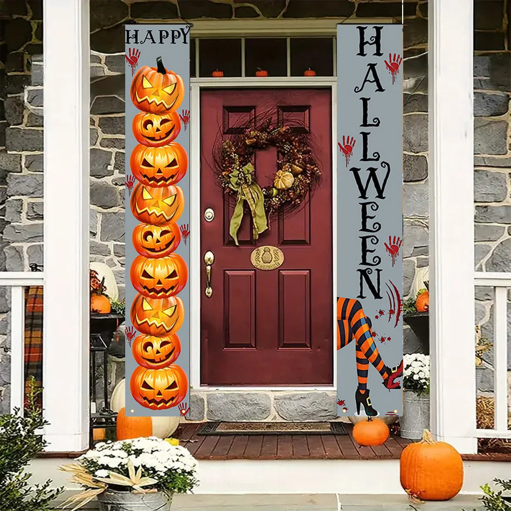 Halloween Couplet Horror Theme Festival Carnival Party Decoration Polyester Backdrops Pumpkin Skeleton Pattern Door Curtain