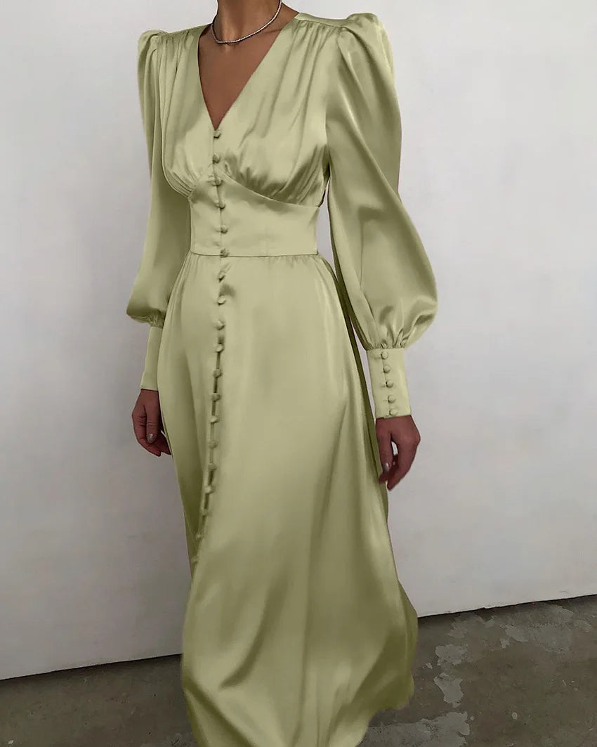 Autumn and Winter Women's Long Dress V-neck Satin Waist Retro Dresses for Women