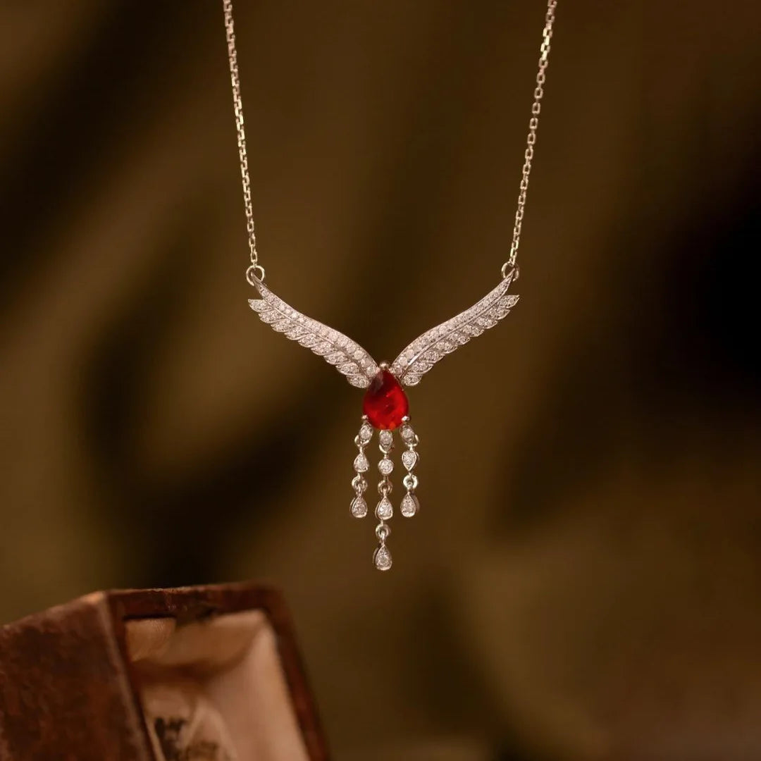 Luxurious and showy red gemstone necklace for women silver 925 inlaid diamonds wings collar chain exquisite wedding jewelry
