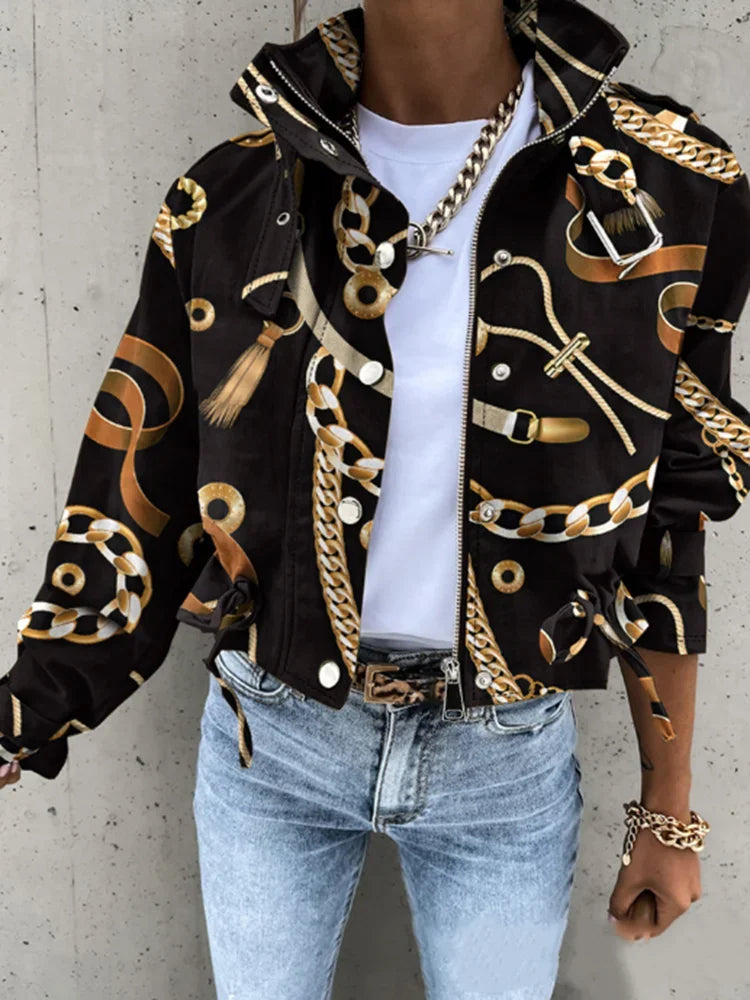 Women's New Short Casual Jacket Ladies' Autumn Rivet High Neck  Fashionable Printed Long Sleeved Single Breasted Jacket