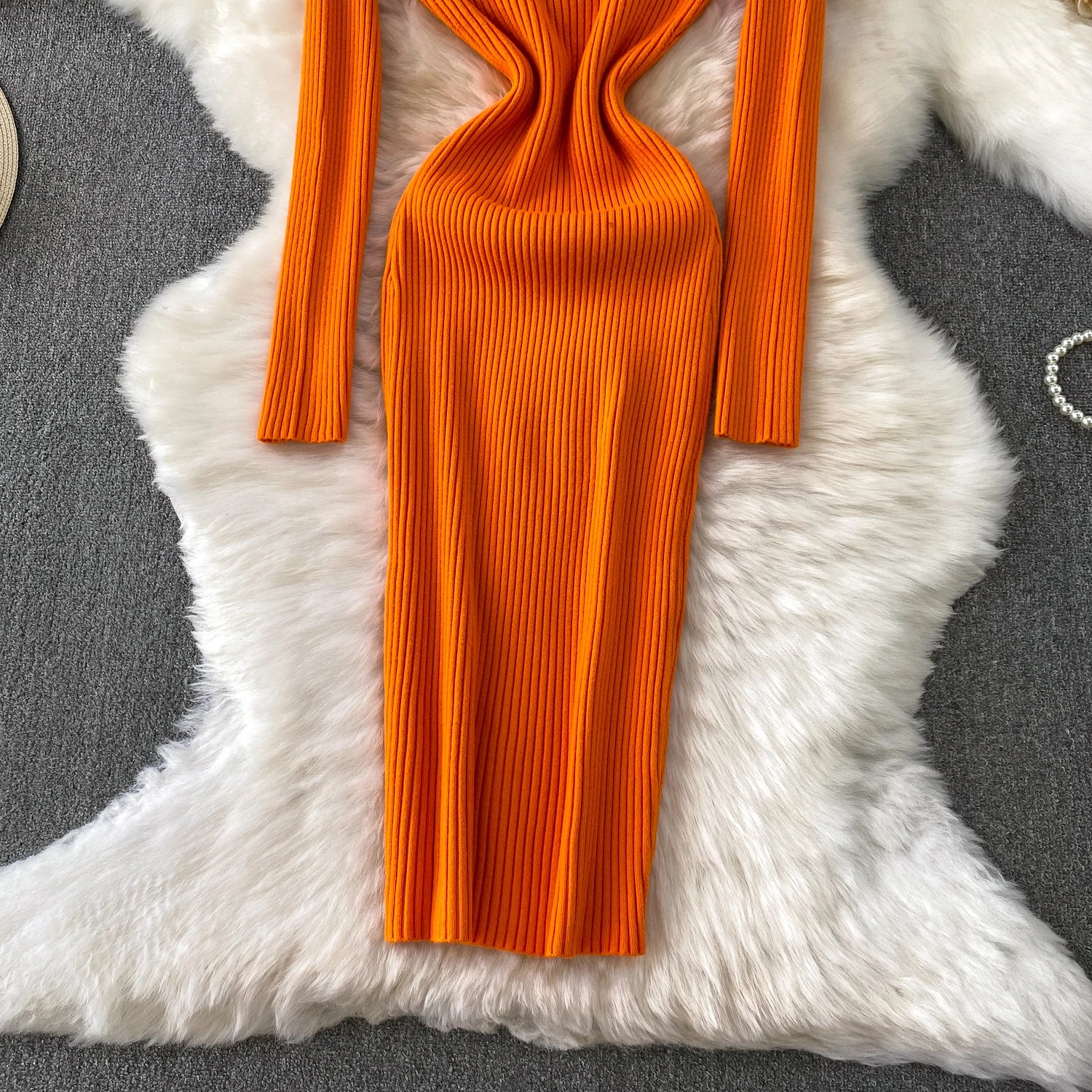 Women Winter Turtleneck Knittign Dress Stretch Slim Long Sleeve Soft Knitwear Dresses Female Casual Lining Simple Bottom Vestido