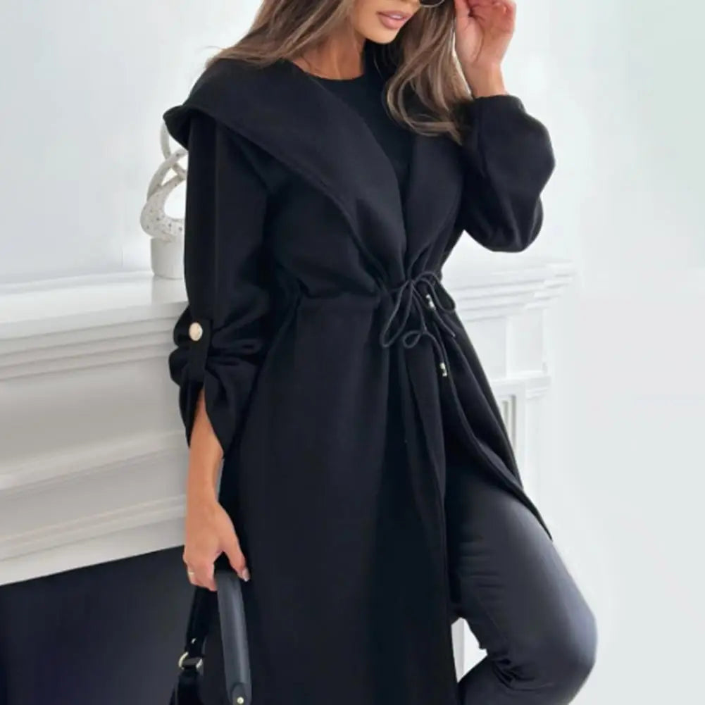 Women Loose Fit Jacket Stylish Hooded Winter Coat with Drawstring Waist Cufflinks for Women Warm Mid-length for Commuting