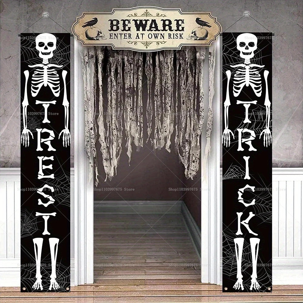 Halloween Scary Ghost Banners Welcome Porch Sign Halloween Skull Hanging Banner Decorations for Indoor Outdoor Party Supplies