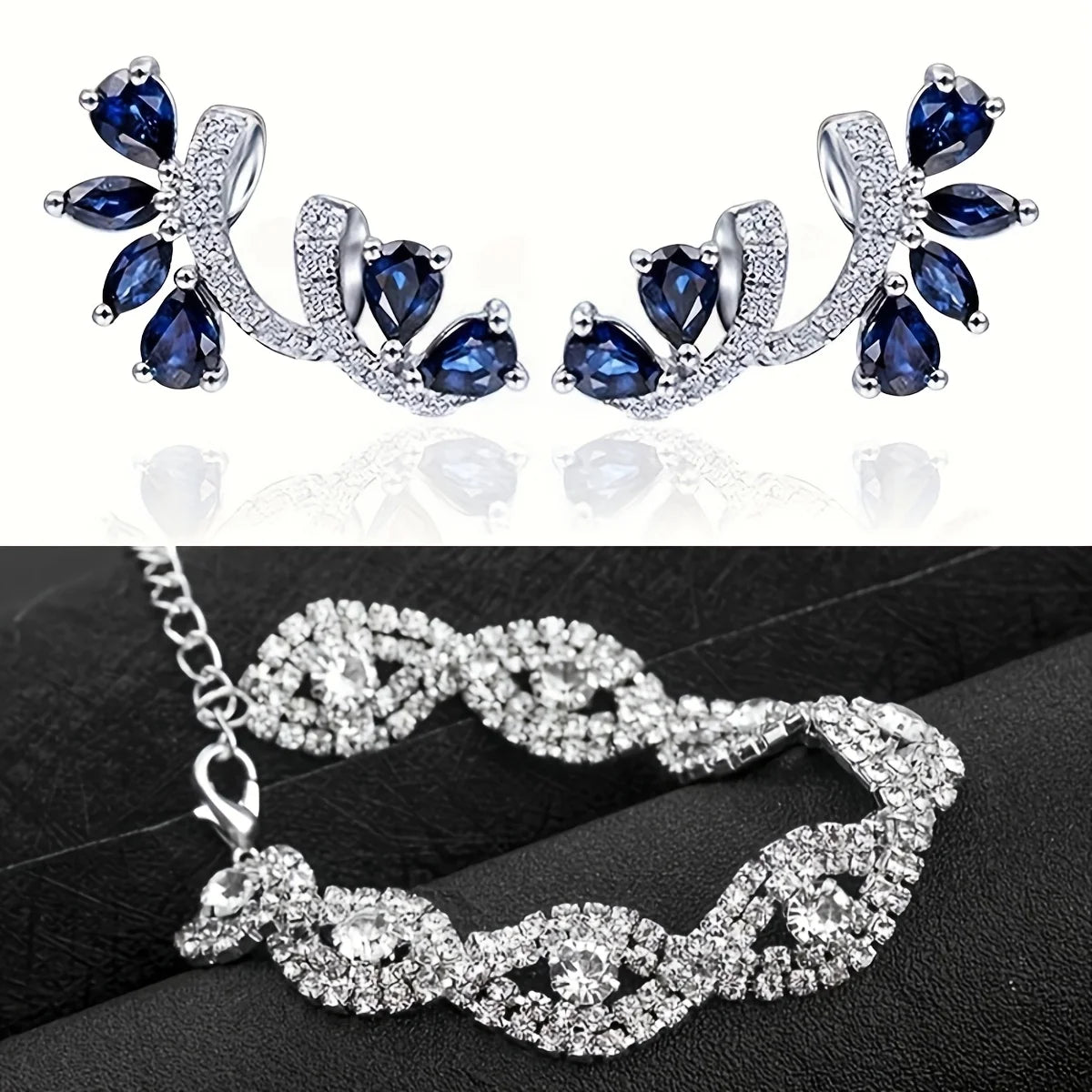 A pair of blue threaded zircon earrings and a white zircon bracelet. Suitable for women to wear. A cute and shiny combination.