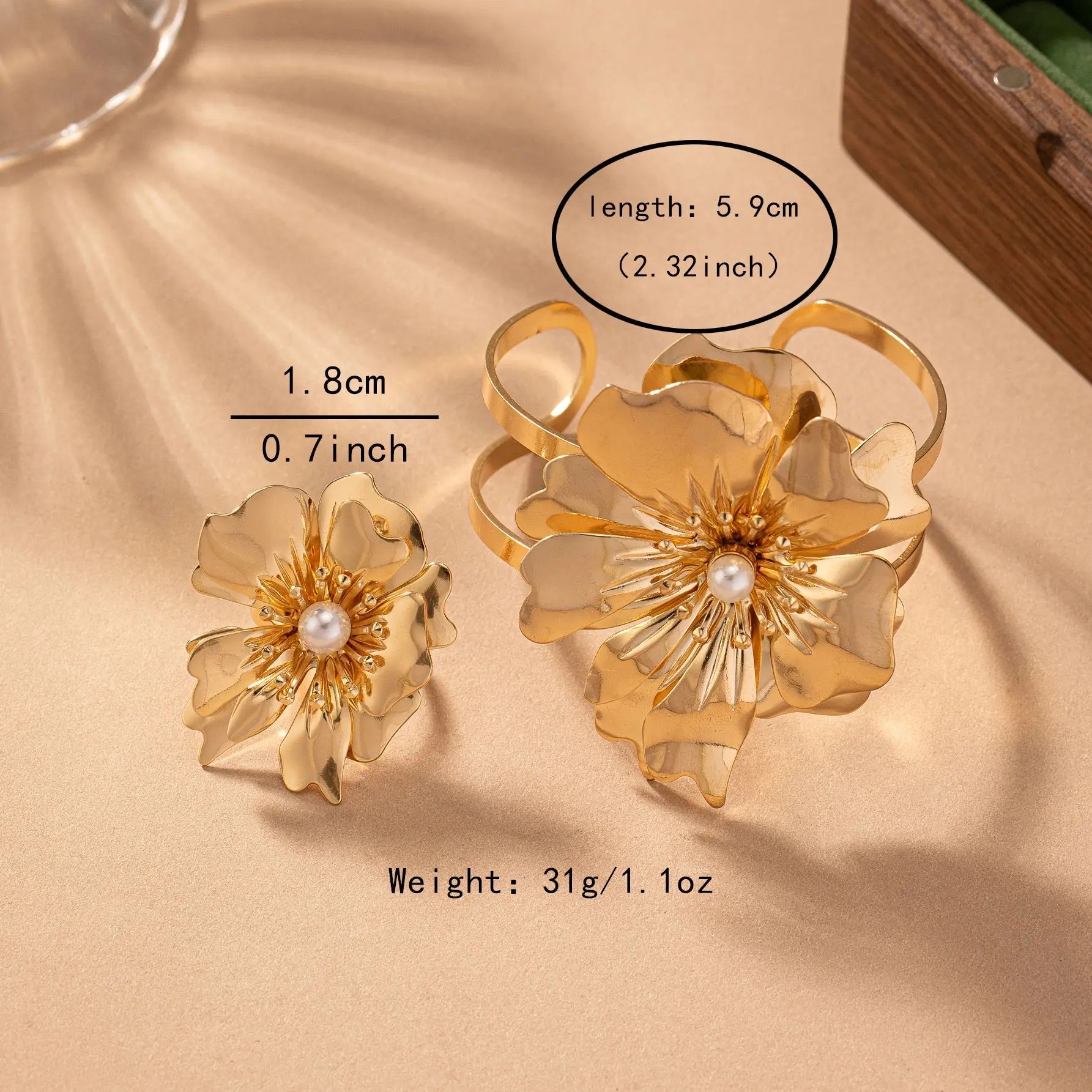 New Trendy Alloy Metal Bracelet Ring Jewelry Set for Women Girls Gold Color Delicate Irregular Petal Bride Elegant Metal Gifts