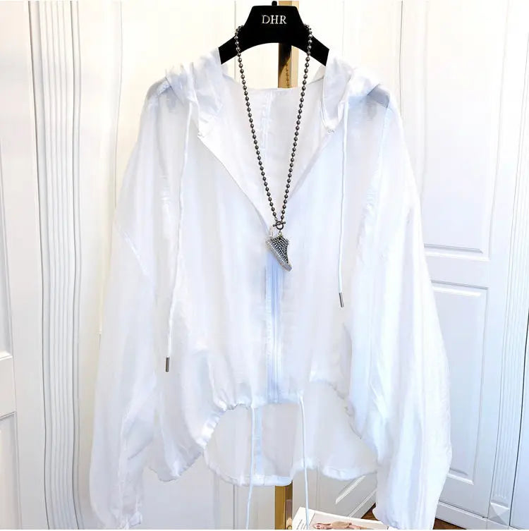 Jackets Women Hooded Summer Sun-proof Zipper Coats Thin Loose See Through Outerwear Breathable Outwear Lightweight Clothes Black