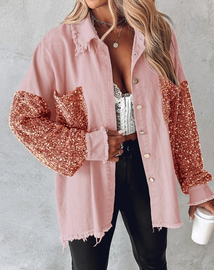 Women Jacket 2024 Spring Fashion Contrast Sequin Raw Hem Pocket Casual Turn-Down Collar Long Sleeve Daily Long Shacket