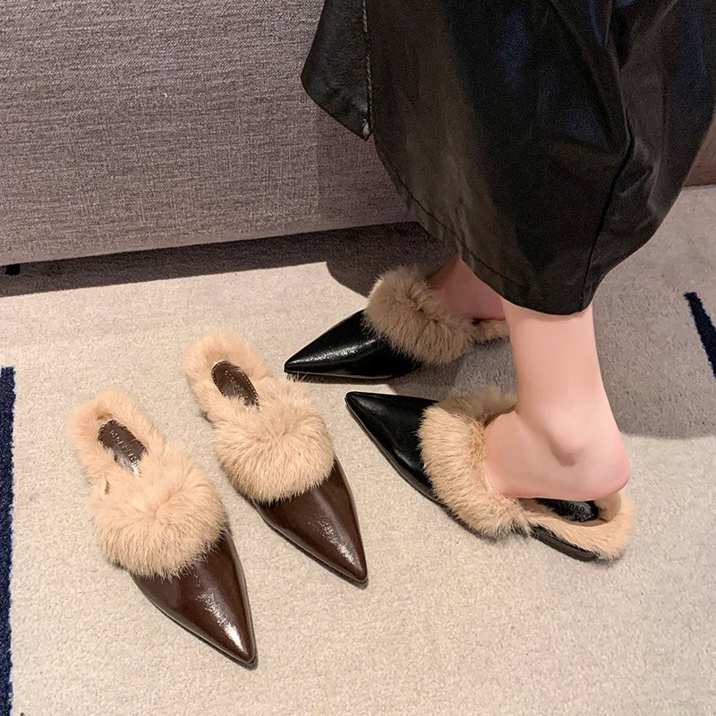 2025 New Shoes for Women House Slippers Platform Fur Flip Flops Slides Loafers Cover Toe Low Plush New Flat Basic Женская Обувь