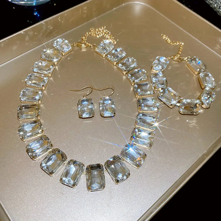 Bride Crystal Necklace Earrings Bracelets Set Bridesmaid Wedding Jewellry Three Pieces Choker Necklace Prom Costume Jewelry Sets