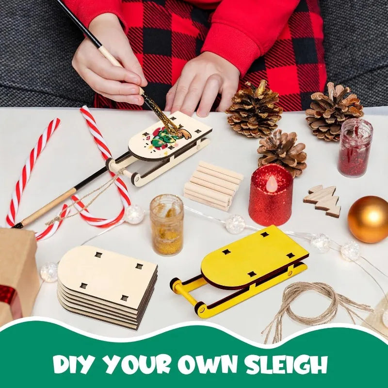 Christmas Sleigh Ornament Wooden Decor Wood Crafts Home Decorations Mini Sled Miniature Sleigh Xmas Decor Christmas Crafts