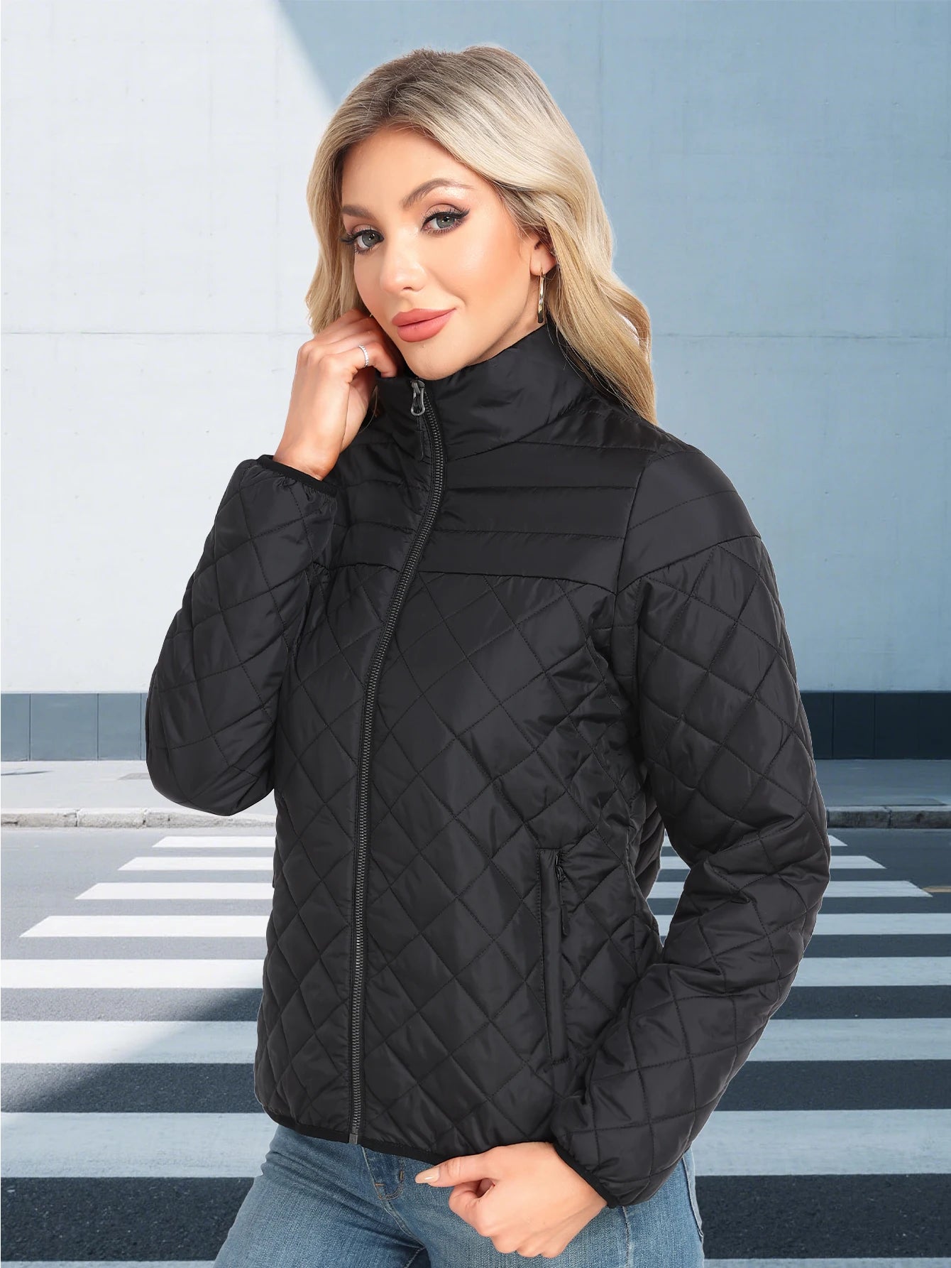 Women's Quilted Jacket With Zipper Simple Fashionable Casual Everyday Wear Coats Tops Black Spring Autumn