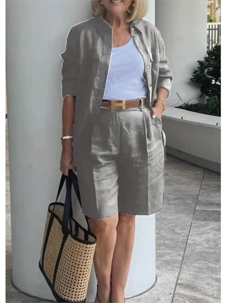 Casual Women Suit Long Sleeve Shirt + High Waist Crotch Pants Sets Two Piece Set Solid Women's Outfit Spring Autumn 2-piece Set