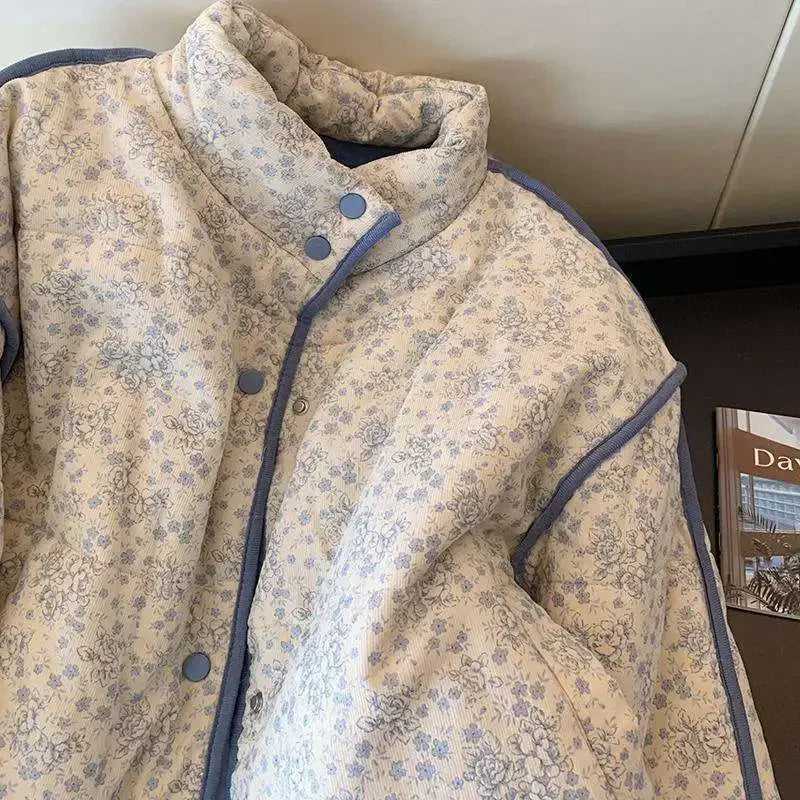 Winter Padded Jacket Women Floral Corduroy Female Loose Cotton Padded Coat Thick Casual Puffer Jacket Outwear Top Women Clothing