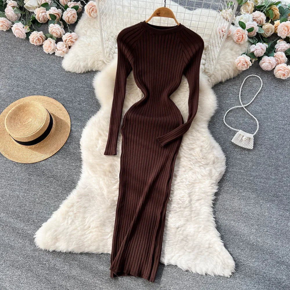 Women Knitted Dress O Neck Sexy Slim Elastic Oversized Basic Bodycon Long Dress Winter knit Warm Sweater Dresses