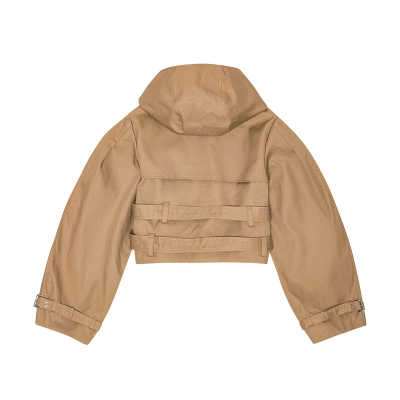 Women's Jacket Chic Double Belt Hooded Full Sleeve Button Female Female Jackets 2025 Autumn Fashion High Street Lady Outwears