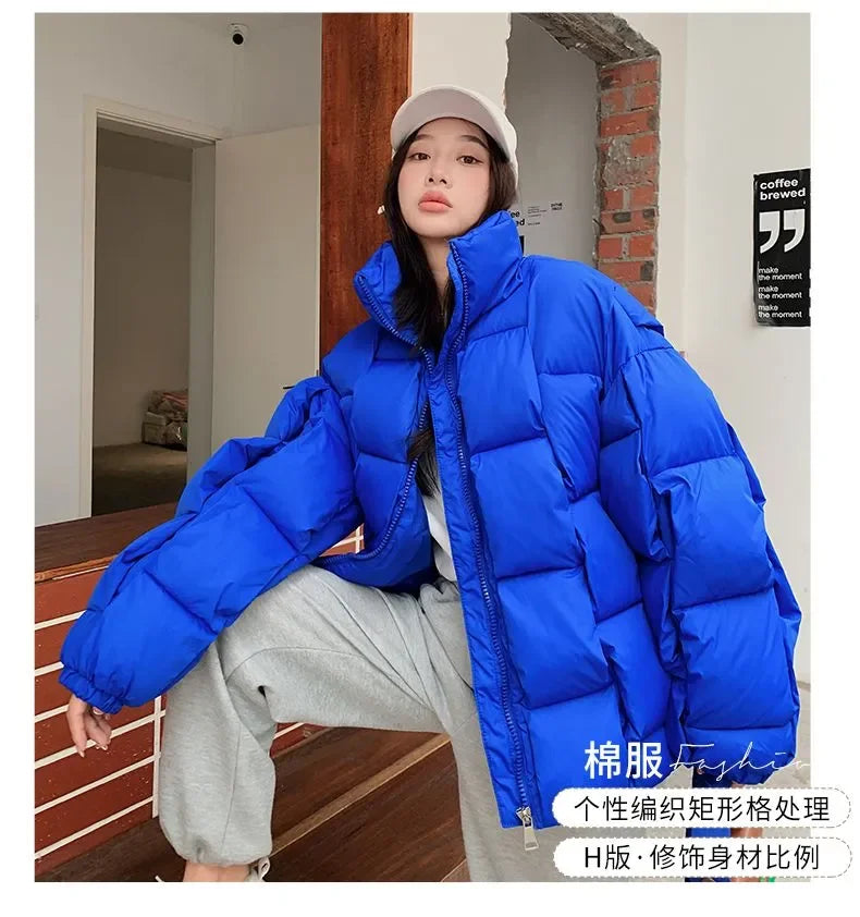 Winter Jacket for Women Three-dimensional Plaid Woven Fashion Coat Solid High Street Warm and Thick 2023 Winter New Down Jacket
