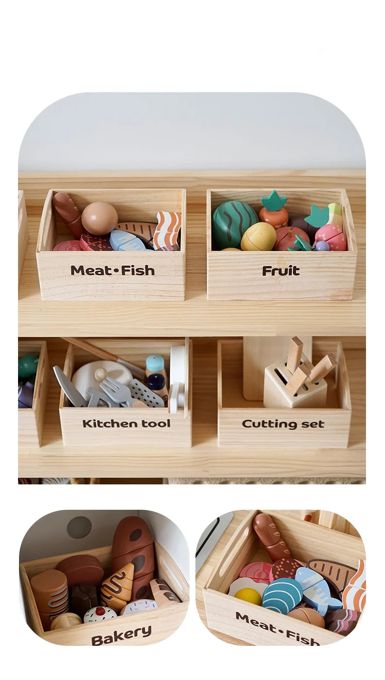 Wooden Pretend Play Kitchen Toys Cutting Food Accessories Set Fruit Vegetable Bakery Meat fish Early Educational Cognition Toys
