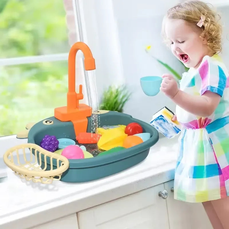 Kids Playhouse Kitchen Set Simulated Dishwasher Sink Hand Basin with Circulating Water Toddler Toys for Boys Girls and Role Play